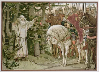 Prins Oleg (ca. 912) ontmoet de waarzegger die voorspelt dat zijn paard de oorzaak van zijn dood zal zijn, illustratie uit 