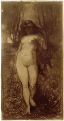 Vrouwelijk naakt in nachtelijk landschap bij opkomende volle maan