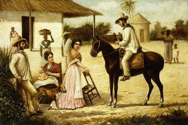 Familie van boeren bij de deur van de schuur; Familia de Guajiros a la Puerta de un Potrero, ca.1880