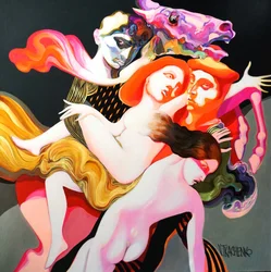 Surrealistische figuren omhelzen elkaar