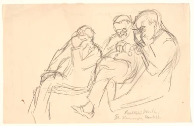 Figurenschets. Drie zittende mannen: Fr. Henningsen, Aarsleff en P. Johansen