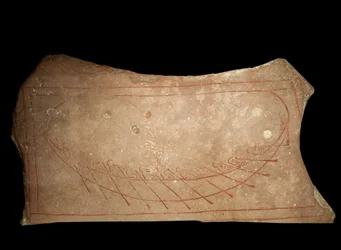 Graffiti die een Viking roeischip vertegenwoordigt. 9e eeuw Stockholm, Historiska Museet