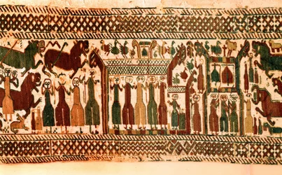 Vikingen: zangers en klokkenluiders. Wandtapijt van de kerk van Skog, Zweden, laat 12e eeuw. Stockholm, Historisch Museum