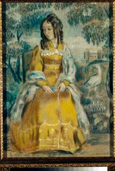 Portret van Nadezhda Stanyukovich voor een wandtapijt, peinzend, gekleed in een crinoline jurk