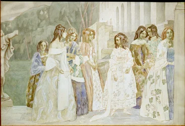 Requiem: jonge vrouwen in crinolines praten in een tuin - Werk van Viktor (Victor) Elpidiforovich Borisov-Musatov (Borisov Musatov) (1870-1905)