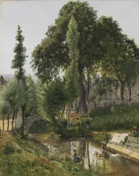 Savoyaards landschap. Vrouwen die kleren wassen in de rivier
