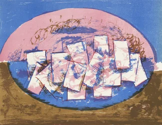 Blauwe en roze ellips met vierkanten op bruine en blauwe achtergrond