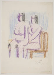 Compositiestudie met 2 zittende, naakte vrouwen