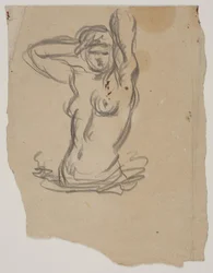Vrouwelijke figuur, halve figuur, die haar haar ordent