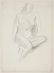 Zittende vrouw, van voren gezien licht naar rechts, het ene been onder het andere getrokken