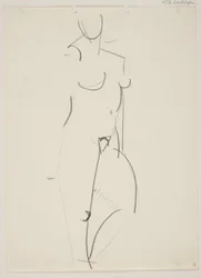 Staande naakte vrouw, naar rechts gekeerd