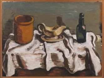 Stilleven met een kruik, een sauskom en een fles