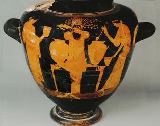 Dionoysos Festival, twee vrouwelijke acolieten, Dionysos in het midden ...