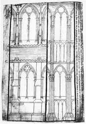 Facsimile kopie van Ms Fr 19093 fol.31v Exterieur en interieur elevatie van de zijmuren van de kathedraal van Reims
