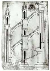 Ms Fr 19093 f.32v Sectie van de muur en boog van de absidiale kapellen van de Kathedraal van Reims (facsimile kopie)