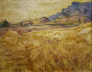 Korenveld met maaier en zon, 1889