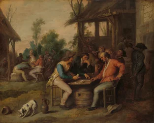 Twee kaartende mannen buiten een plattelandsherberg, ca. 1650 (olieverf op paneel)