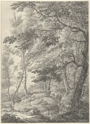 Boslandschap met een houten bruggetje en twee wandelaars