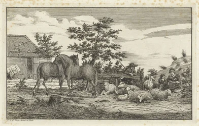 Herder bij zittende vrouw en kinderen bij schapen en twee paarden