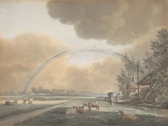 Landschap met een regenboog over een boerderij en een afgelegen dorp (n.d.)