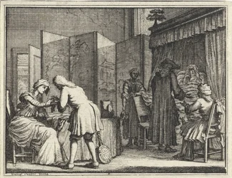 Figuren rond een ziekbed en een arts die een vrouw verbindt