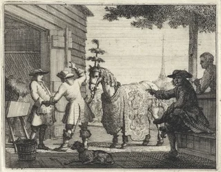 Handelaren bij een rijk versierd paard