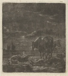 Nachtlandschap met slapende herder en vee