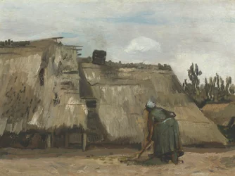 Een boerin graaft voor haar huisje