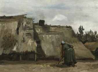 Een boerin die graaft voor haar huisje