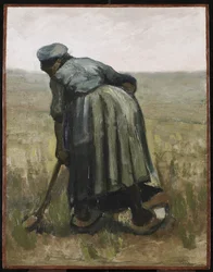 Een vrouw met een spade, van achteren gezien