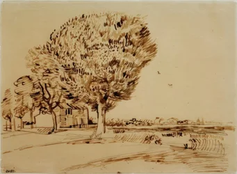 Landschap met huis en bomen