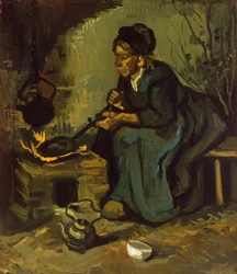 Boerin die kookt bij een open haard, 1885