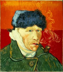 Zelfportret met bontmuts, verbonden oor en tabakspijp