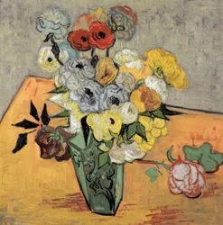 Stilleven met Japanse vaas, rozen en anemonen