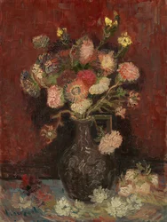 Vaas met Chinese asters en gladiolen