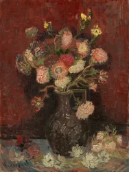 Vaas met Chinese asters en gladiolen