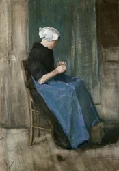 Jonge Scheveningse vrouw aan het breien, naar rechts gericht, 1881