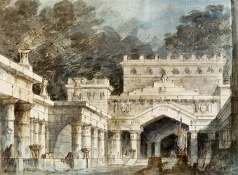 Decorontwerp voor vijfde scène van Norma, opera door Vincenzo Bellini, uitgevoerd in La Fenice Theater in Venetië