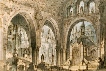 Decorontwerp voor vierde scène van Capuleti en Montecchi, opera door Vincenzo Bellini, uitgevoerd in La Fenice Theater in Venetië