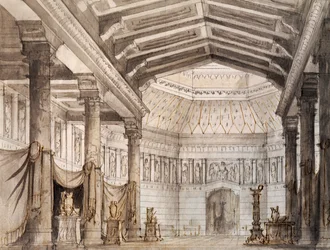 Decorontwerp voor tweede scène van Norma, opera door Vincenzo Bellini, uitgevoerd in La Fenice Theater in Venetië
