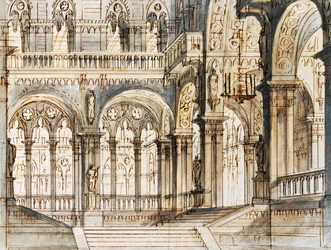 Decorontwerp voor derde scène van Capuleti en Montecchi, opera door Vincenzo Bellini, uitgevoerd in La Fenice Theater in Venetië