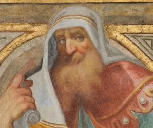 Centrale schip, Pluim Vierde Noordoverspanning, Vincenzo Campi 1573, Buste met Profeet (detail)
