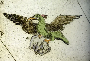 De reusachtige vogel Rok die een olifant draagt tussen zijn klauwen om aan zijn jongen te geven, detail van een wereldkaart door Vincenzo Coronelli (1650-1718). 17e eeuw