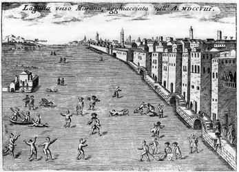 Venetië, Italië. De lagune richting Murano ijs in 1708 in "Singolarita di Venezia" door Vincenzo Coronelli (1650-1718).
