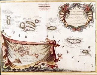 Uitzicht op de archipel van de Azoren in de Atlantische Oceaan (gravure)
