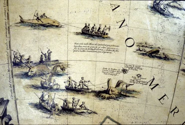 Walvisvangst in de Stille Oceaan. Detail van een 17e-eeuwse Coronelli globe.