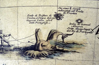Walvisvangst in de Zuid-Atlantische Oceaan naar een globe van Coronelli. 17e eeuw