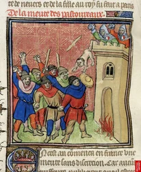 Detail van een miniatuur van de Derde Kruistocht van Pastoureaux. Joden die hun kinderen van een toren gooien, na 1380
