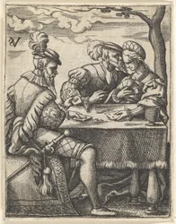 Twee mannen en een vrouw die kaarten spelen aan een tafel, een man drukt zijn neus naar de...