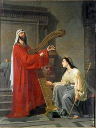 David en Micol koning David die harp speelt. Schilderij door Virginio Grana (ca. 1830-1888) 19e eeuw Zon. 243x182 cm Genua, Accademia Ligustica di Belle Arti, inv. 468